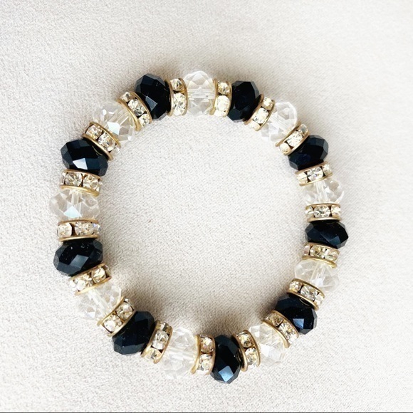 2 Stretch Bracelets Rhinestone Black Crystal Gold - Picture 4 of 5